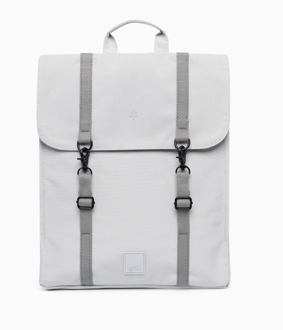 MOCHILA HANDY METAL LEFRIK Mochila branca com tiras cinzentas e fechos pretos