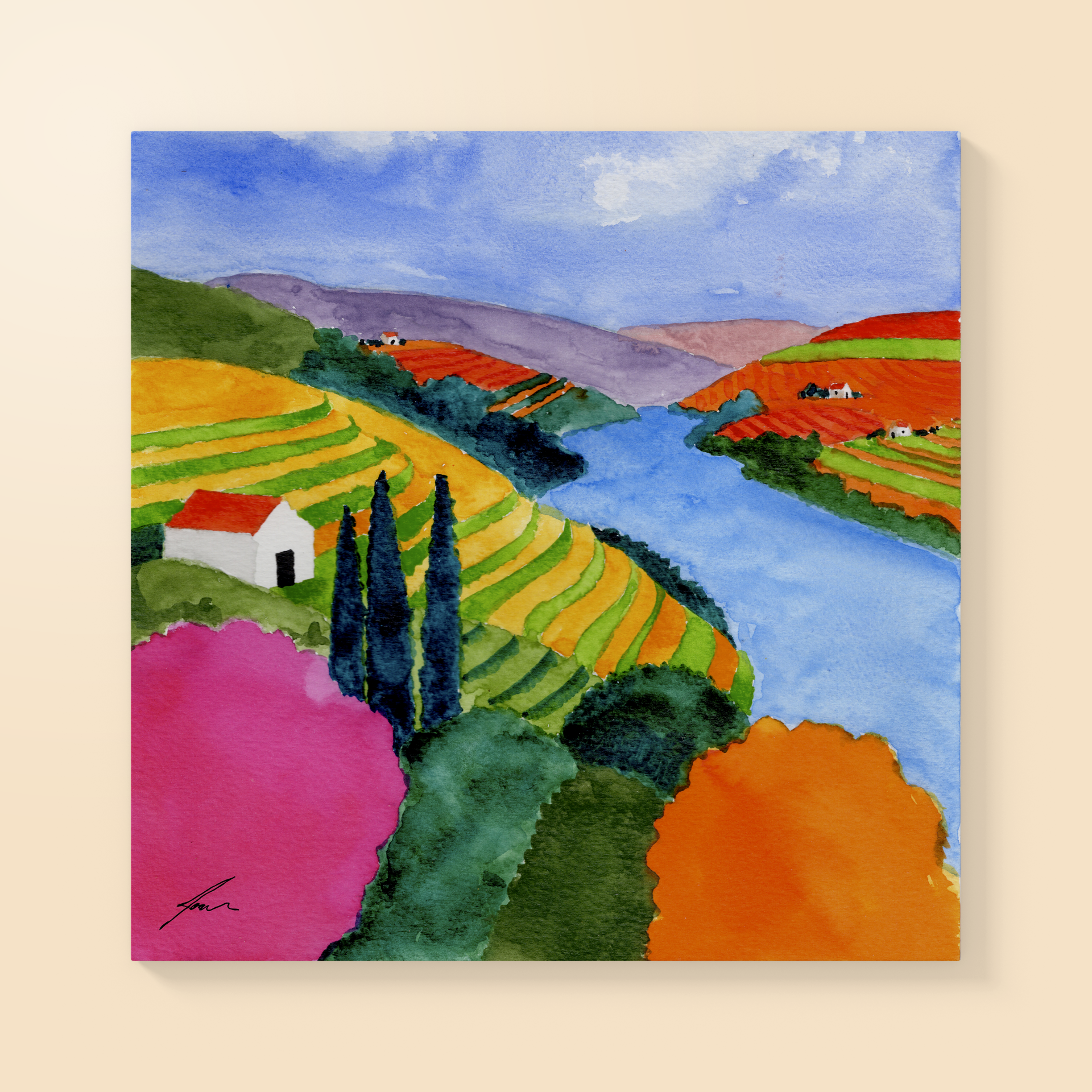 ILUSTRAÇÃO "DOURO I" JOANA NÓBREGA Pintura em tela de paisagem com campos coloridos, casas brancas, árvores e rio azul