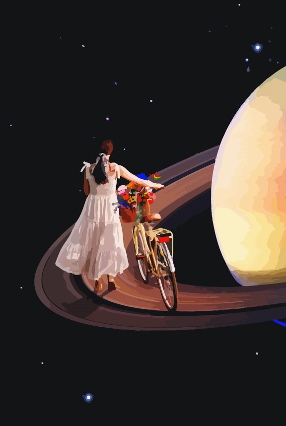 ILLUSTRATING FOR UKRAINE 5 🇺🇦 Mulher de vestido branco com bicicleta amarela e flores no espaço com planeta grande