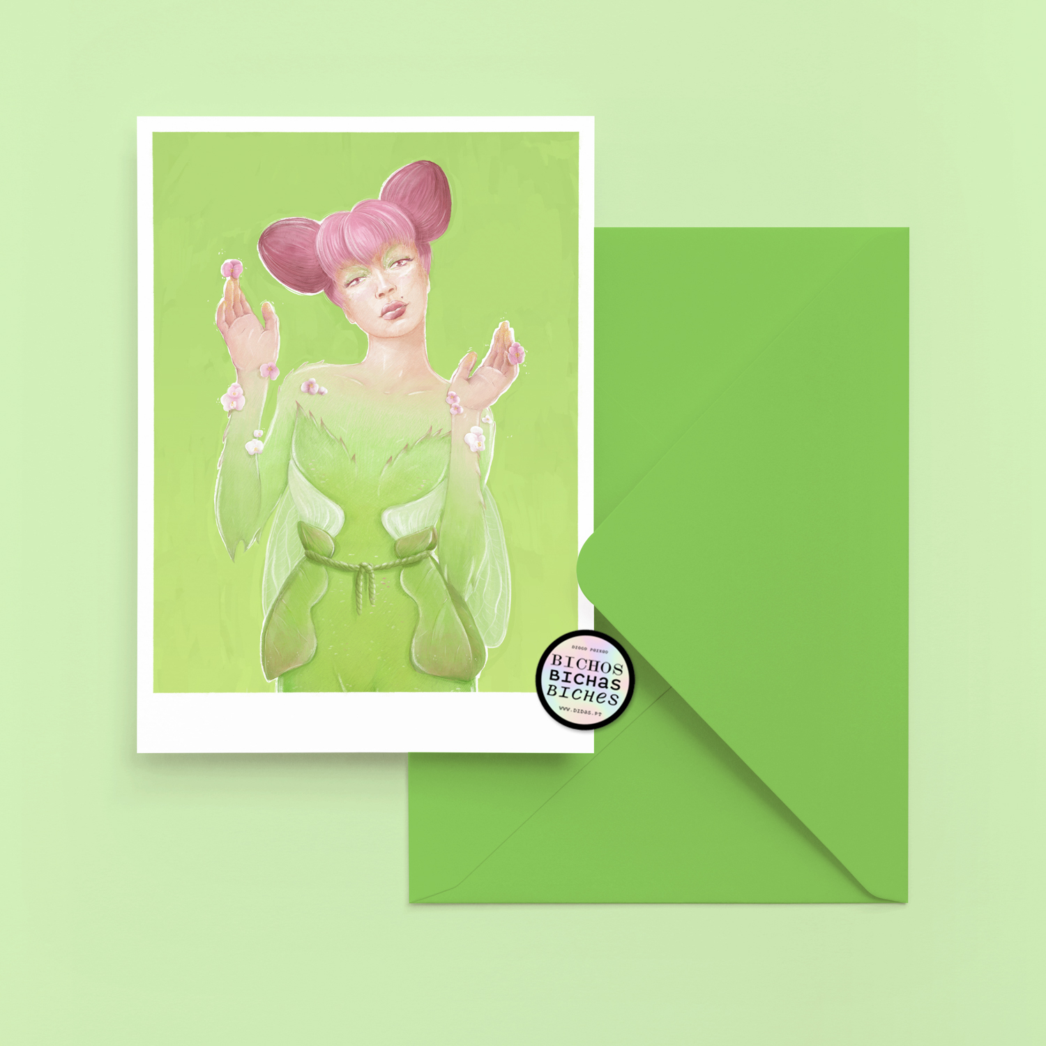 ILUSTRAÇÃO "JUDITE" DIOGO PAIXÃO Cartão postal de mulher com cabelo rosa, vestido verde e envelope verde