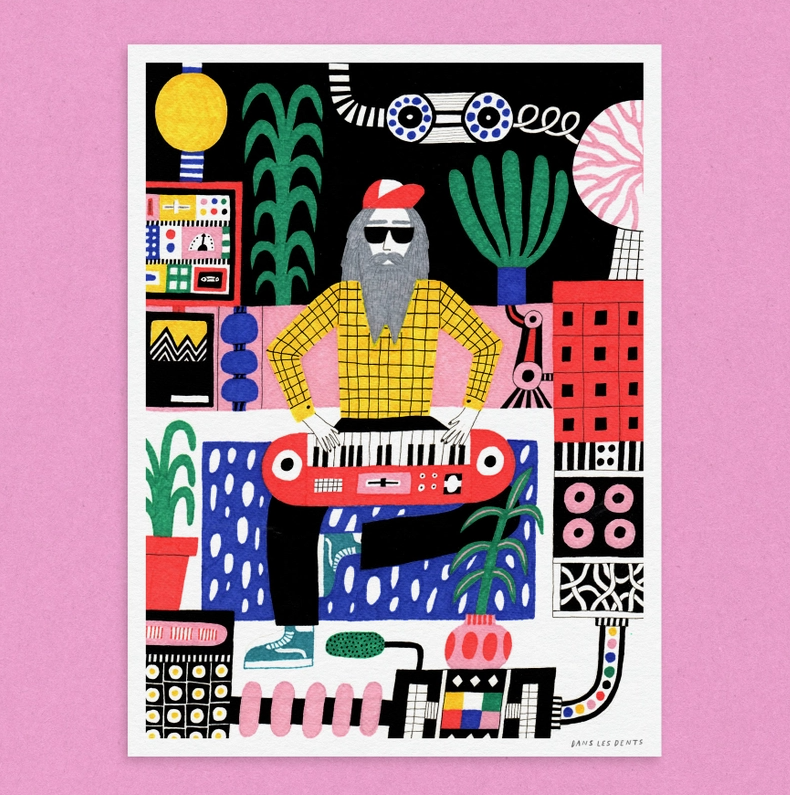 ILUSTRAÇÃO"THE BEARDED MUSICIAN" DANS LES DENTS Ilustração colorida de músico com sintetizador entre plantas e eletrónica