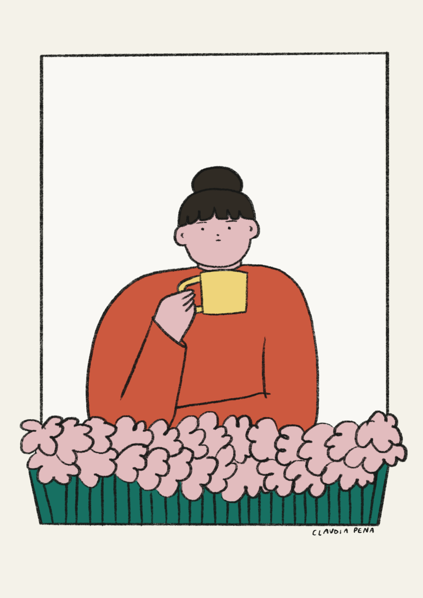 ILUSTRAÇÃO "UMA MANHÃ CALMA" CLÁUDIA PENA Pessoa a segurar chávena amarela atrás de flores cor-de-rosa com folhas verdes