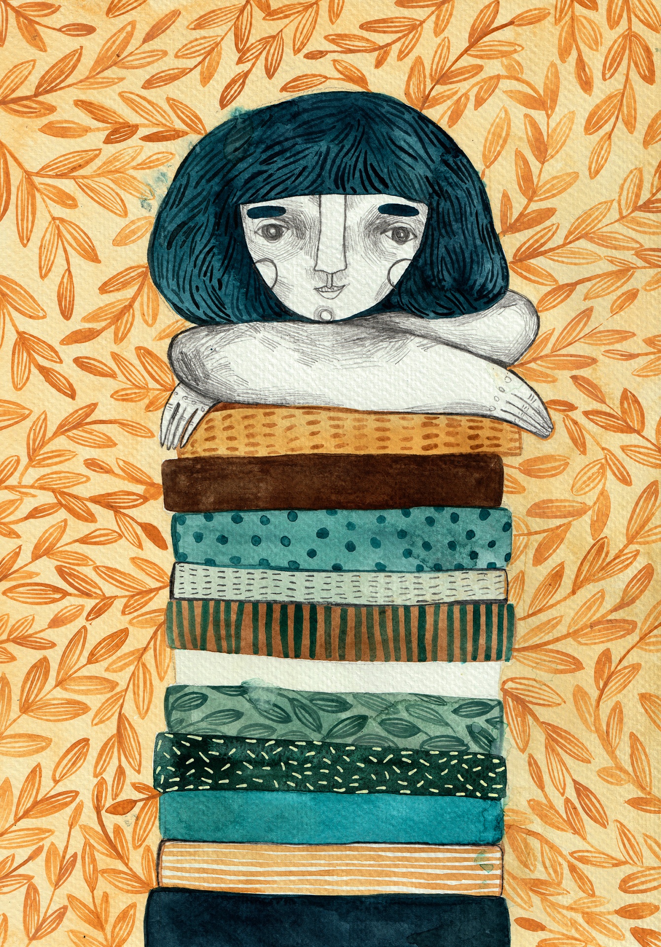 ORIGINAL "READ MORE BOOKS" MIRJAM SIIM Ilustração de pessoa com cabelo azul e pilha de livros coloridos com fundo laranja às folhas