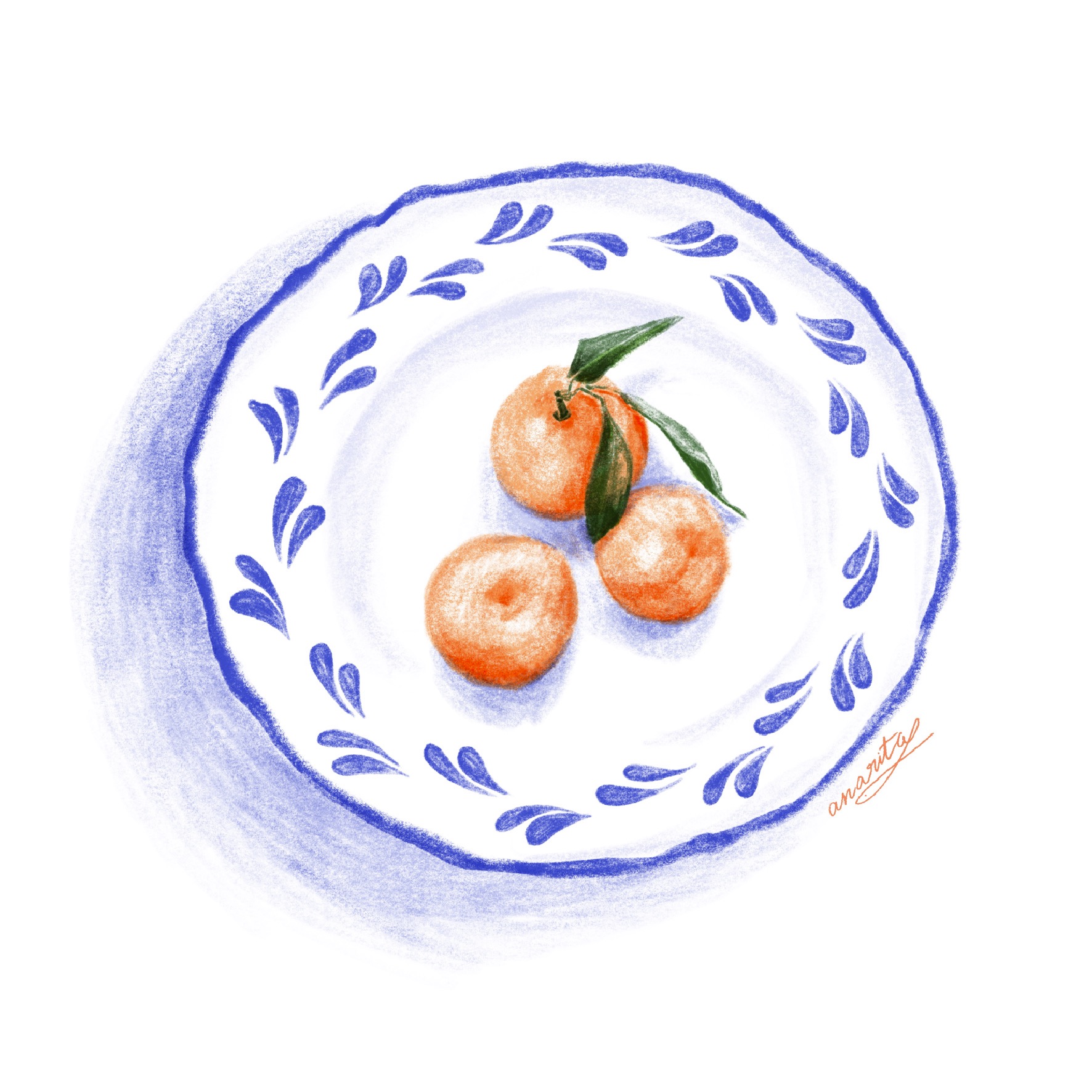 AZULEJO "LOIÇA LASCADA NÃO É CACO" ANA RITA ROBALO Prato branco com padrão azul e três tangerinas desenhadas em pastel