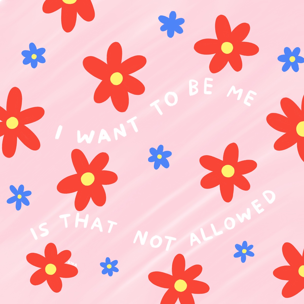 LENÇO "MESSY" KIKA Fundo rosa com flores vermelhas e azuis e texto em branco