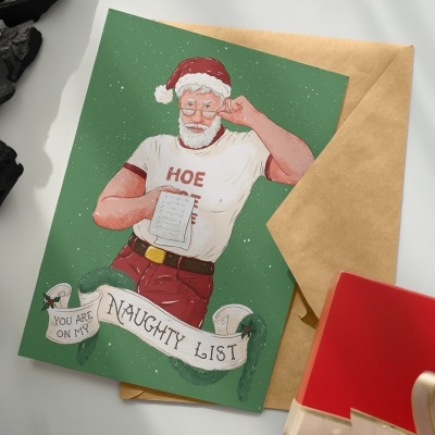 Cartão de Natal ilustrado com Pai Natal musculado e envelope castanho