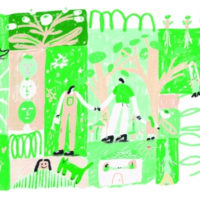 Ilustração colorida de figuras humanas, plantas, árvores e animais em blocos geométricos verde e bege.