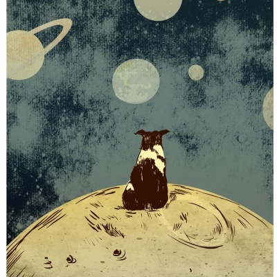 Ilustração de cão num planeta a olhar para planetas no céu