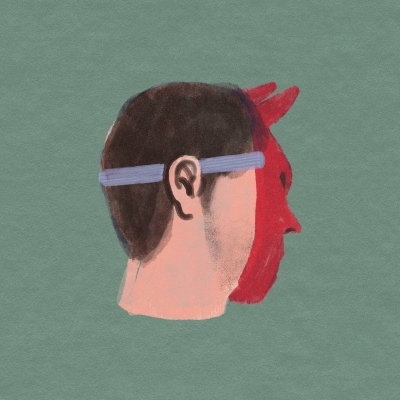 Ilustração de cabeça humana com máscara vermelha e chifres