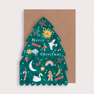 Cartão de Natal em forma de árvore verde decorada com vários desenhos e texto Merry Christmas