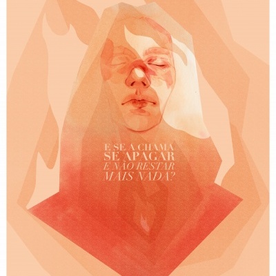 Retrato artístico em tons laranja com texto em português centralizado na imagem.