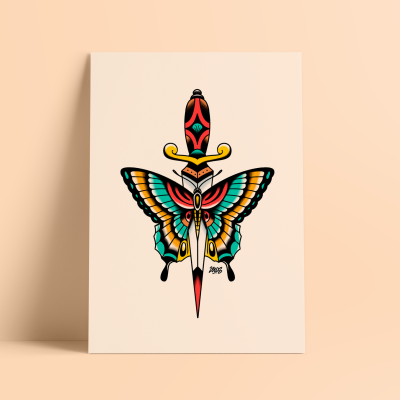 Ilustração de borboleta colorida com adaga sobre papel creme