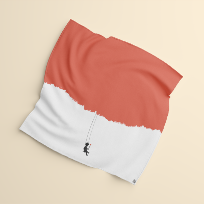 Lenço quadrado coral e branco com criança num baloiço preto