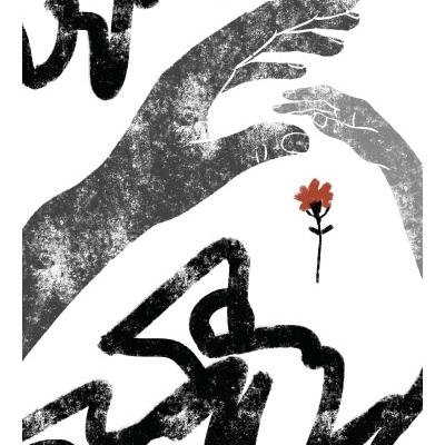 Duas mãos cinzentas e uma pequena flor vermelha sobre fundo branco com elementos pretos abstratos.