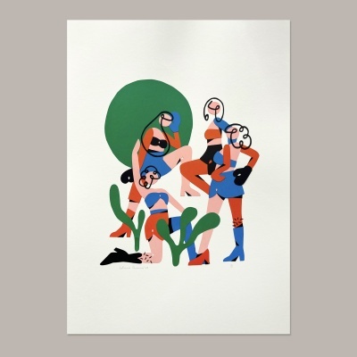 Ilustração de três mulheres estilizadas a cores sólidas em pose com fundo branco e elementos verdes