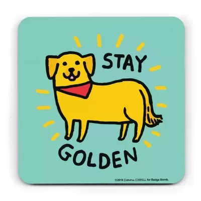Quadrado verde-azulado com ilustração de cão amarelo e texto STAY GOLDEN