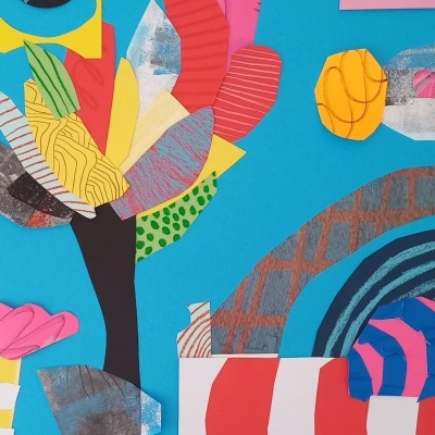 Colagem colorida em papel com formas abstratas e árvore feita de recortes variados