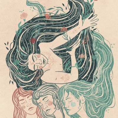 Ilustração artística de quatro mulheres com cabelos longos e flores, em tons de verde, azul, rosa e preto, fundo bege.
