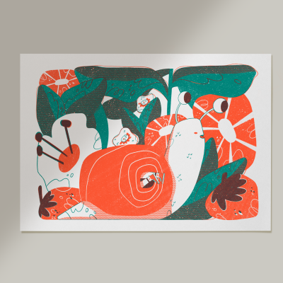 Pôster colorido com ilustração de caracol, folhas e flores