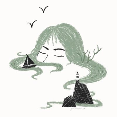 Ilustração de cabeça feminina com cabelo verde formando ondas do mar, barco, farol e pássaros
