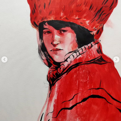 Pintura de pessoa com casaco e chapéu vermelhos