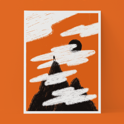 Póster com ilustração de montanhas pretas e céu alaranjado com nuvens brancas