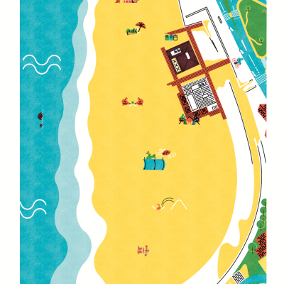 Ilustração de uma praia com mar, areia e edifícios, com texto Praia de Leça da Palmeira