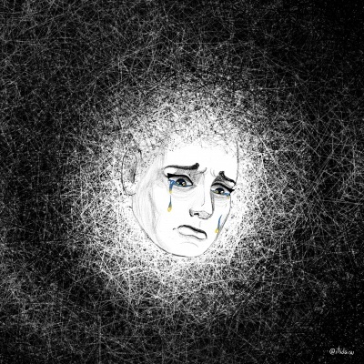 Rosto triste com lágrimas coloridas num fundo preto com linhas brancas entrelaçadas