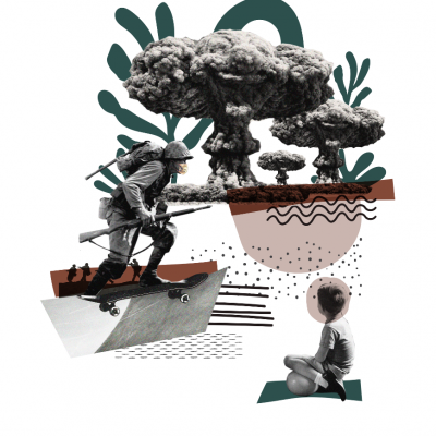 Colagem digital com soldado em skate, explosões nucleares, menino sentado e formas abstratas