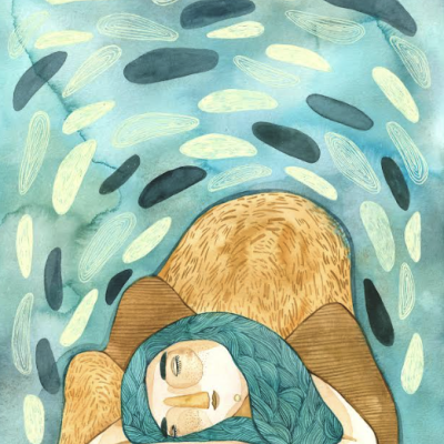 Ilustração de pessoa com cabelos azuis e fundo azul com formas ovais