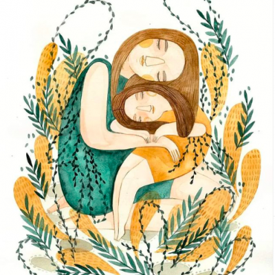 Ilustração aquarela de duas figuras abraçadas com folhagem amarelo e verde