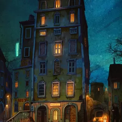 Edifício antigo de vários andares à noite com janelas iluminadas e placa 