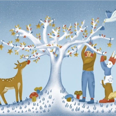 Ilustração árvore branca com animal e personagens numa paisagem azul à noite