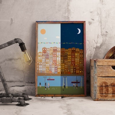 Quadro ilustrativo de dia e noite com prédios, rio, barcos e pessoas