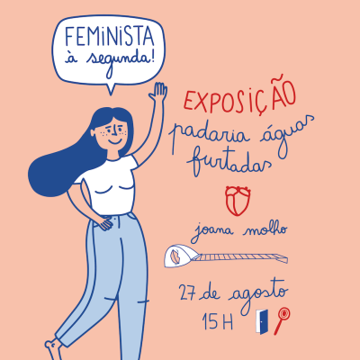 Cartaz ilustrado com figura feminina e texto sobre exposição em fundo cor de pêssego