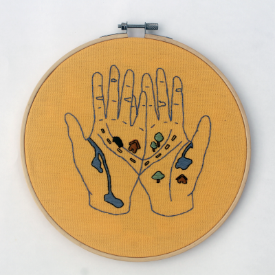 Bordado em bastidor com desenho de mãos e cogumelos em fundo amarelo