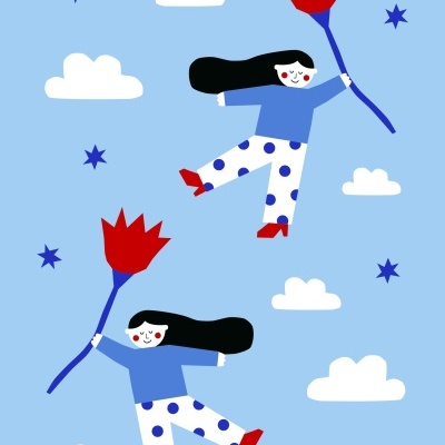 Ilustração de mulheres com roupas azuis e calças de bolinhas segurando flores vermelhas no céu azul