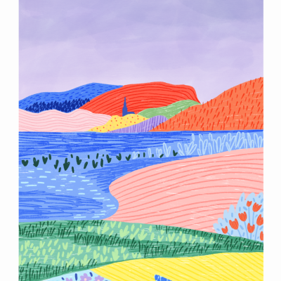 Ilustração abstrata colorida de paisagem com colinas e vegetação