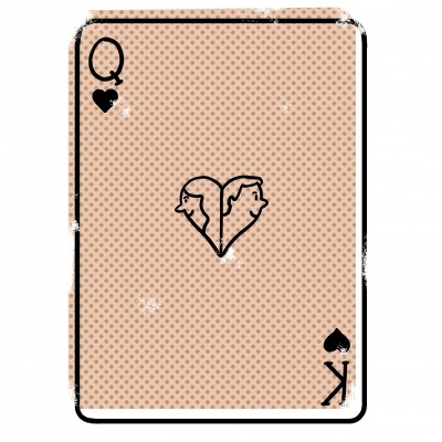 Carta de baralho cor de rosa com símbolos Q de copas e K de espadas, e coração com rostos no centro