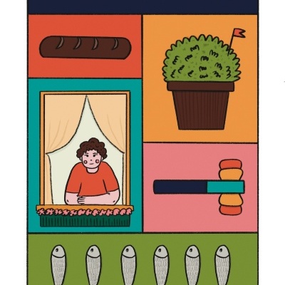 Ilustração colorida com pão, planta, pessoa na janela e cinco peixes