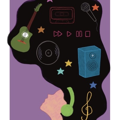 Ilustração com perfil de rosto e objetos musicais em cabelo preto sobre fundo lilás