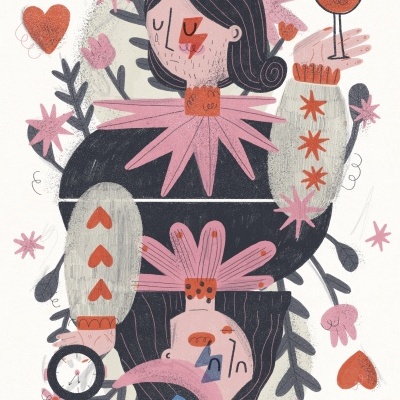 Ilustração abstrata de rei de copas com corações e elementos florais