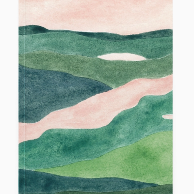 caderno com padrão abstrato em verdes, azul, rosa e branco
