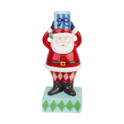 Estátua decorativa de Pai Natal em cerâmica segurando um presente azul
