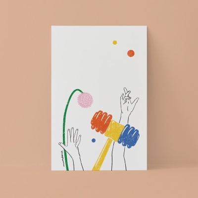 Folha branca com ilustrações coloridas de mãos, planta e martelo sobre fundo rosa.