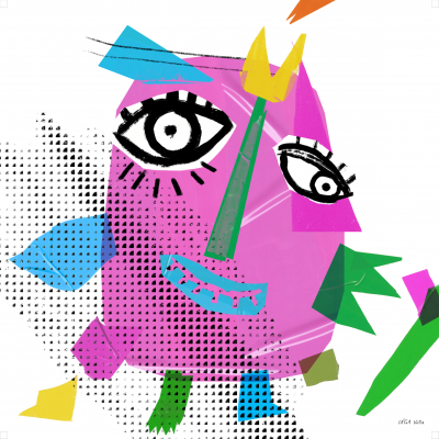 Ilustração digital abstrata com rosto oval rosa e elementos geométricos coloridos