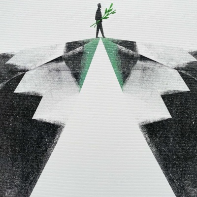 Ilustração de homem com ramo verde numa ponte estreita triangular entre desfiladeiros.