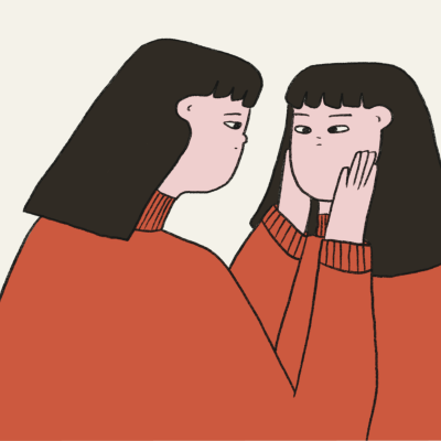 Ilustração de duas mulheres com camisolas laranja e cabelo preto