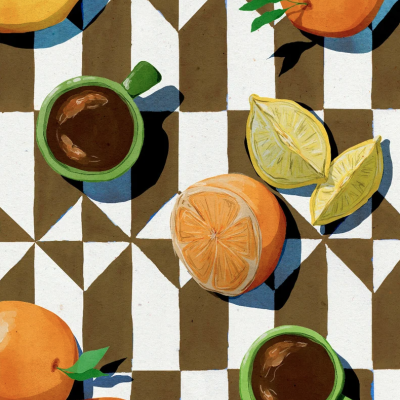 Mesa geométrica com chávenas verdes, laranjas e limões