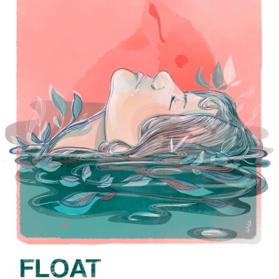Ilustração de mulher a flutuar na água com folhas e texto FLOAT WITH ME